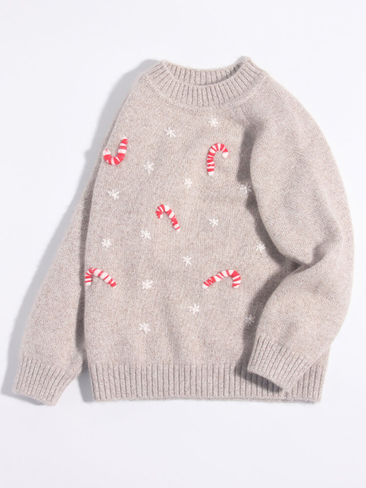 Kids Soft Cashmere Holiday Sweater with Candy Cane and Snowflake